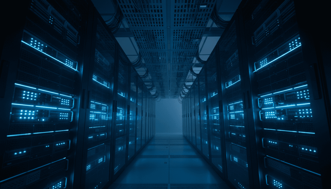 Dimly lit server room with rows of server racks and blue LED lights